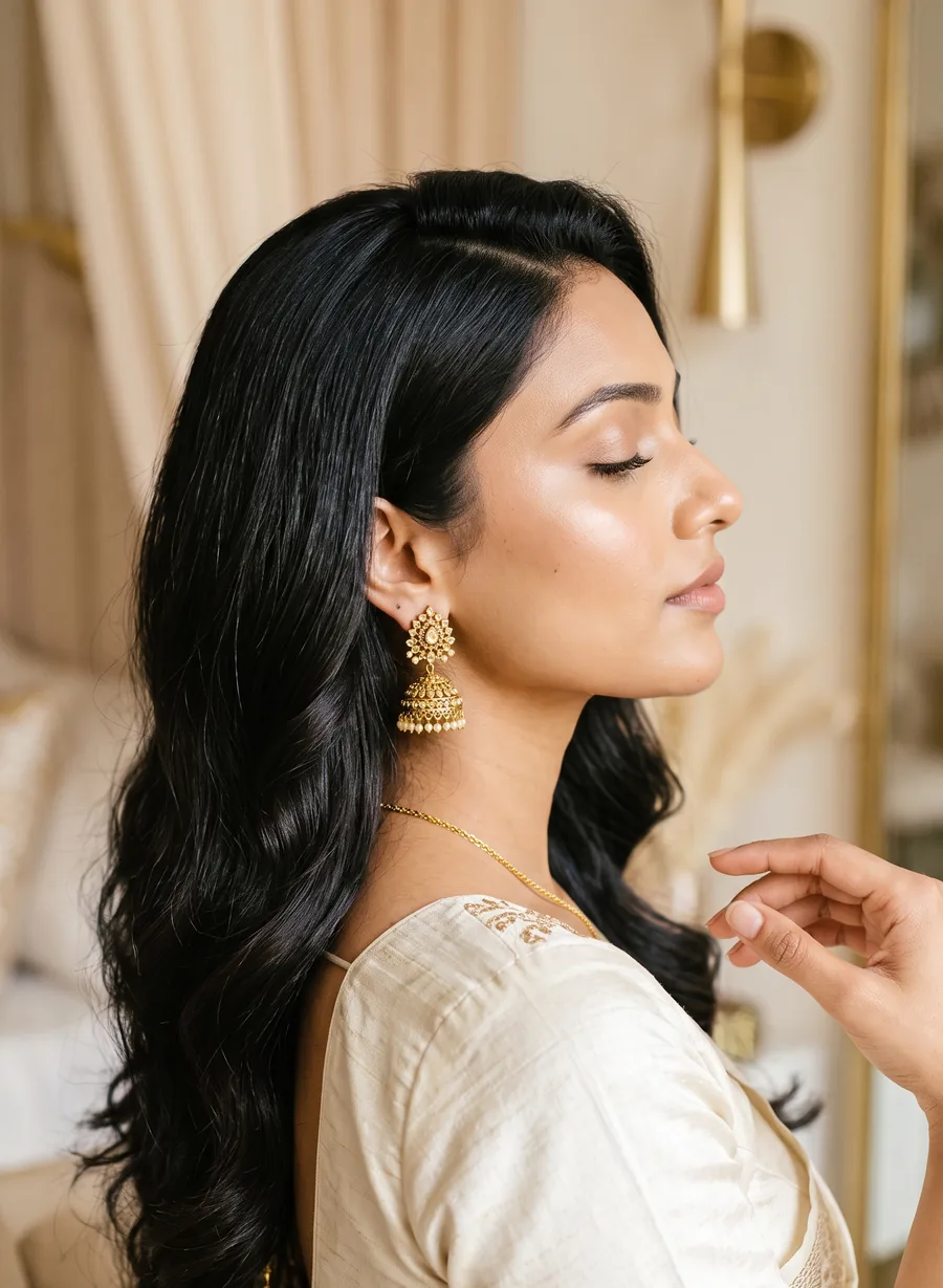 Well-groomed woman with glossy hair and a gold jhumka earring